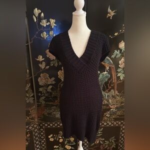 Black Knit V-Neck Sweater Dress